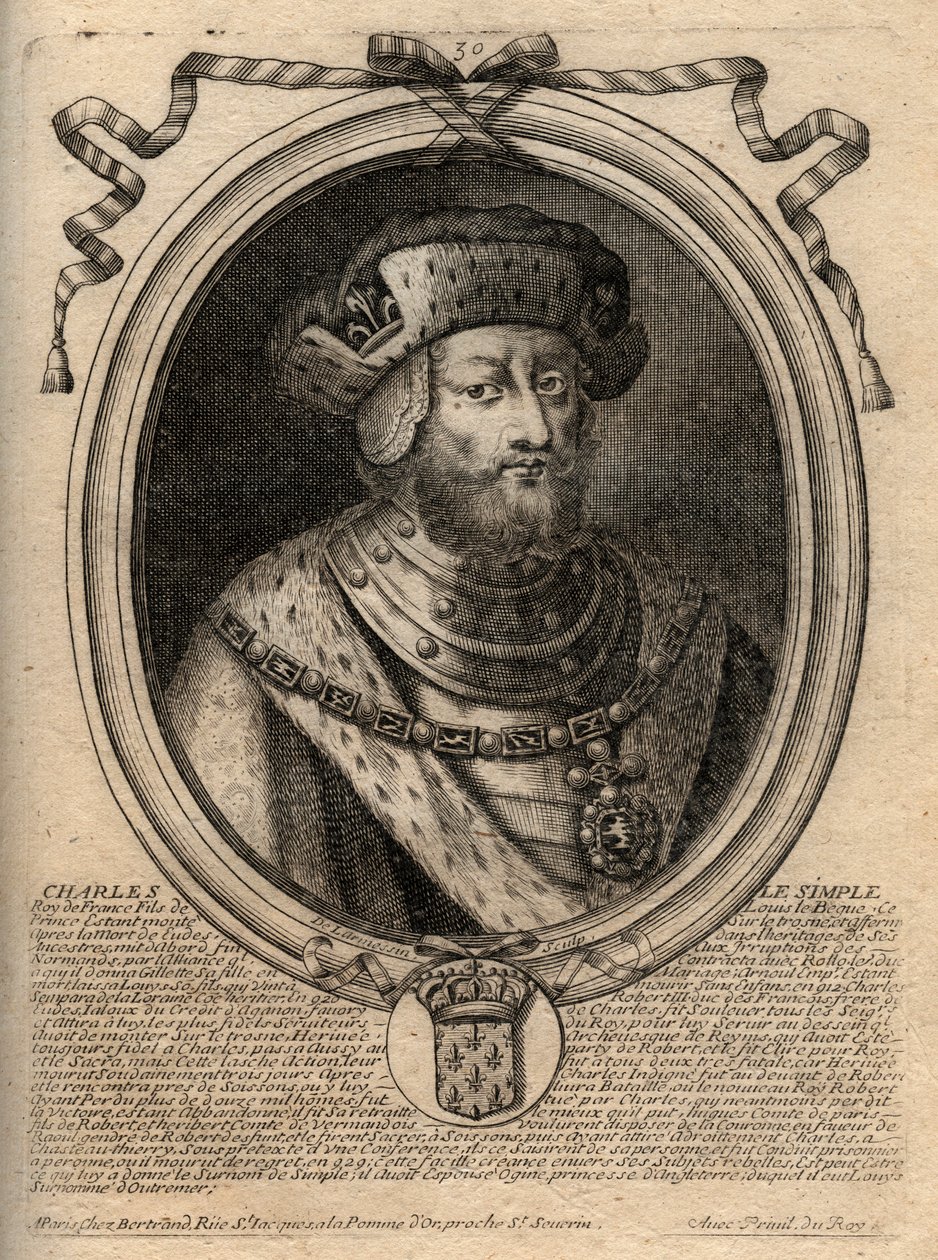 III. Károly dit le Simple (879-929) frankok királyának portréja - III. KÁROLY (879-929) - Egyszerű Károly - Franciaország királya, 893-923 - metszet a „Les Augustes Representations de tous les Kings de France from”-ból Pharamond XIV. Lajosnak, Párizs alkotó: de Larmessin