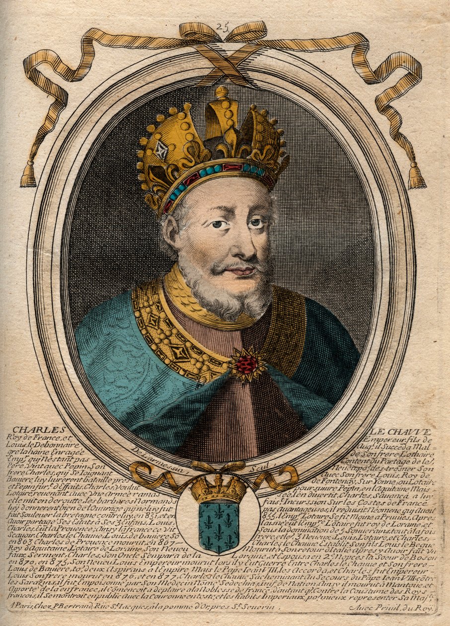 Kopasz Károly (823-877), francia király – II. Károly (823-877) Kopasz – portréja a „Les Augustes Representations de tous les Kings de France from Pharamond to LouisXIV” című metszetből, Párizs alkotó: de Larmessin