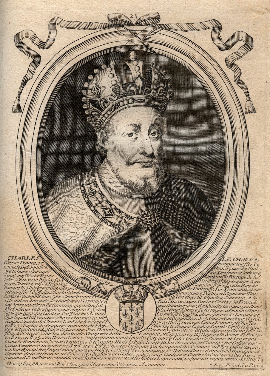 Kopasz Károly (823-877), francia király – II. Károly (823-77) Kopasz – portréja a „Les Augustes Representations de tous les Kings de France from Pharamond to LouisXIV” című metszetből, Párizs alkotó: de Larmessin