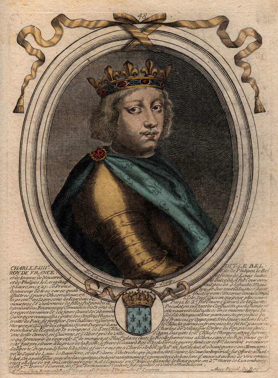 IV. Bél Károly (1294-1328), francia király portréja – IV. Károly „Szép” (1294-1328) francia király – metszet a „Les Augustes Representations de tous les Kings de France from Pharamond to LouisXIV” című könyvéből, Párizs alkotó: de Larmessin