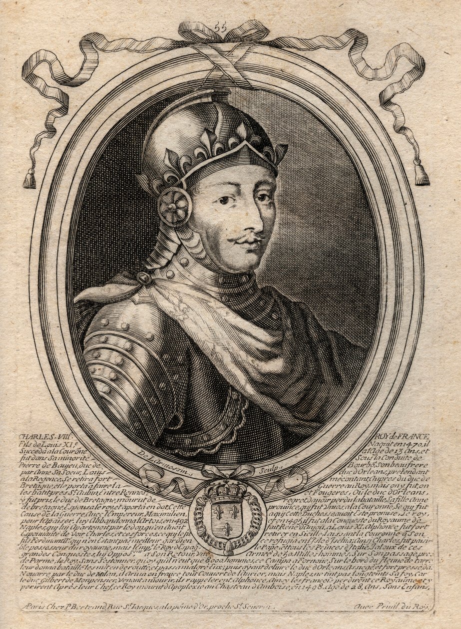 VIII. Károly (1470-1498), a Valois-dinasztia francia királyának portréja – VIII. Károly (1470-98) francia király – metszet a „Les Augustes Representations de tous les Kings de France from Pharamond to LouisXIV” című könyvéből, Párizs alkotó: de Larmessin