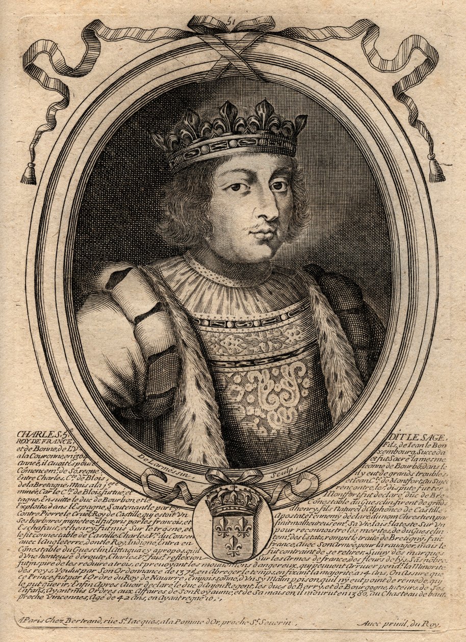 V. Bölcs Károly (1338-1380) portréja – Bölcs V. Károly vagy V. Bölcs Károly, Franciaország királya a Valois-házból – metszet a „Les Augustes Representations de tous les Kings de France from Pharamond to LouisXIV”, Párizs alkotó: de Larmessin