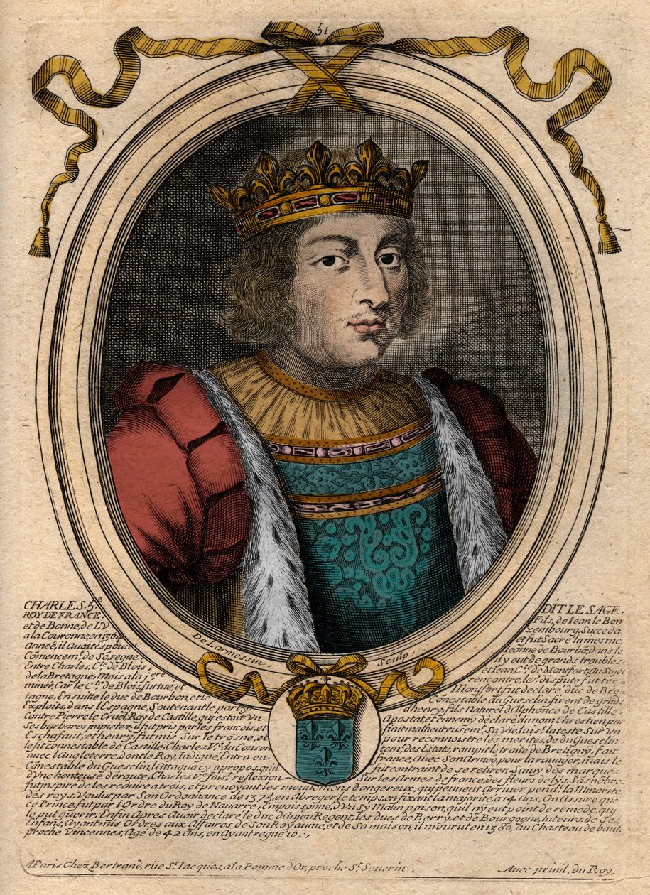 V. Bölcs Károly (1338-1380) portréja – Bölcs V. Károly vagy V. Bölcs Károly, Franciaország királya a Valois-házból – metszet a „Les Augustes Representations de tous les Kings de France from Pharamond to LouisXIV”, Párizs alkotó: de Larmessin