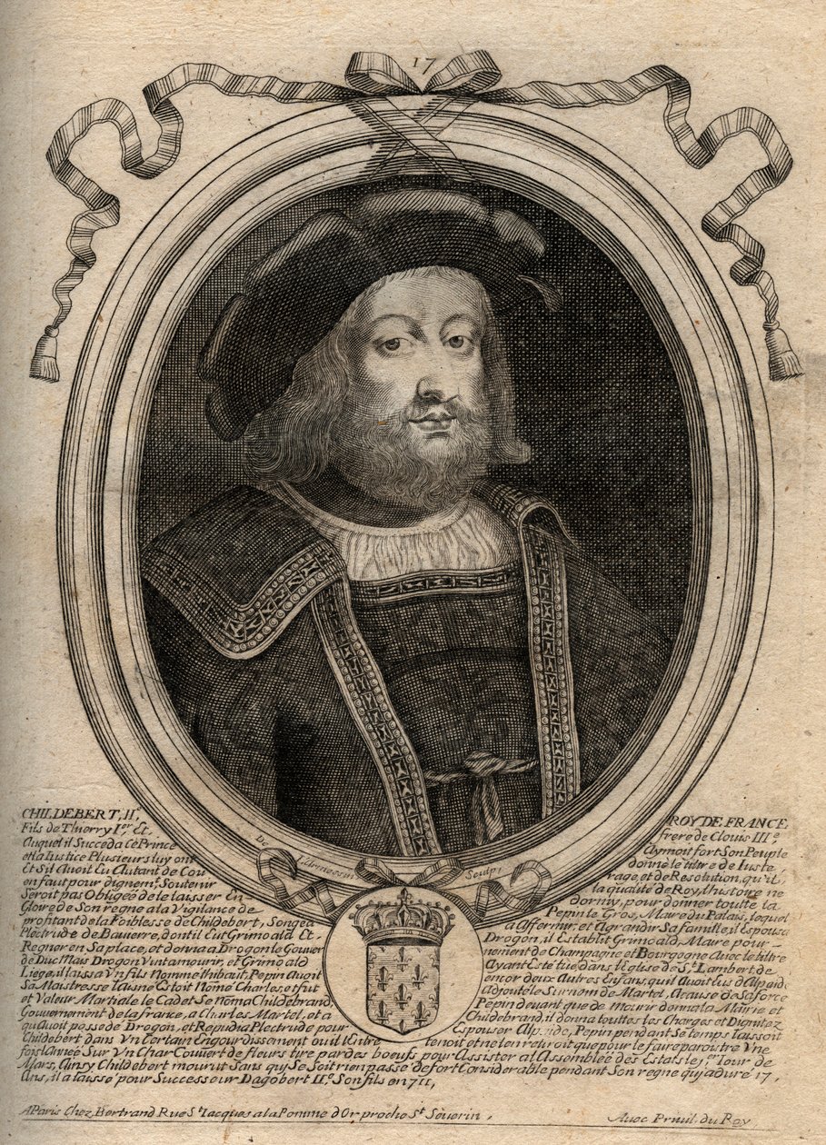 II. Childebert (kb. 570 - 596), Ausztrália királyának portréja – II. Childebert 570-595, Ausztrália meroving királya – metszet a „Les Augustes Representations de tous les Kings de France from Pharamond to LouisXIV”, Párizs alkotó: de Larmessin