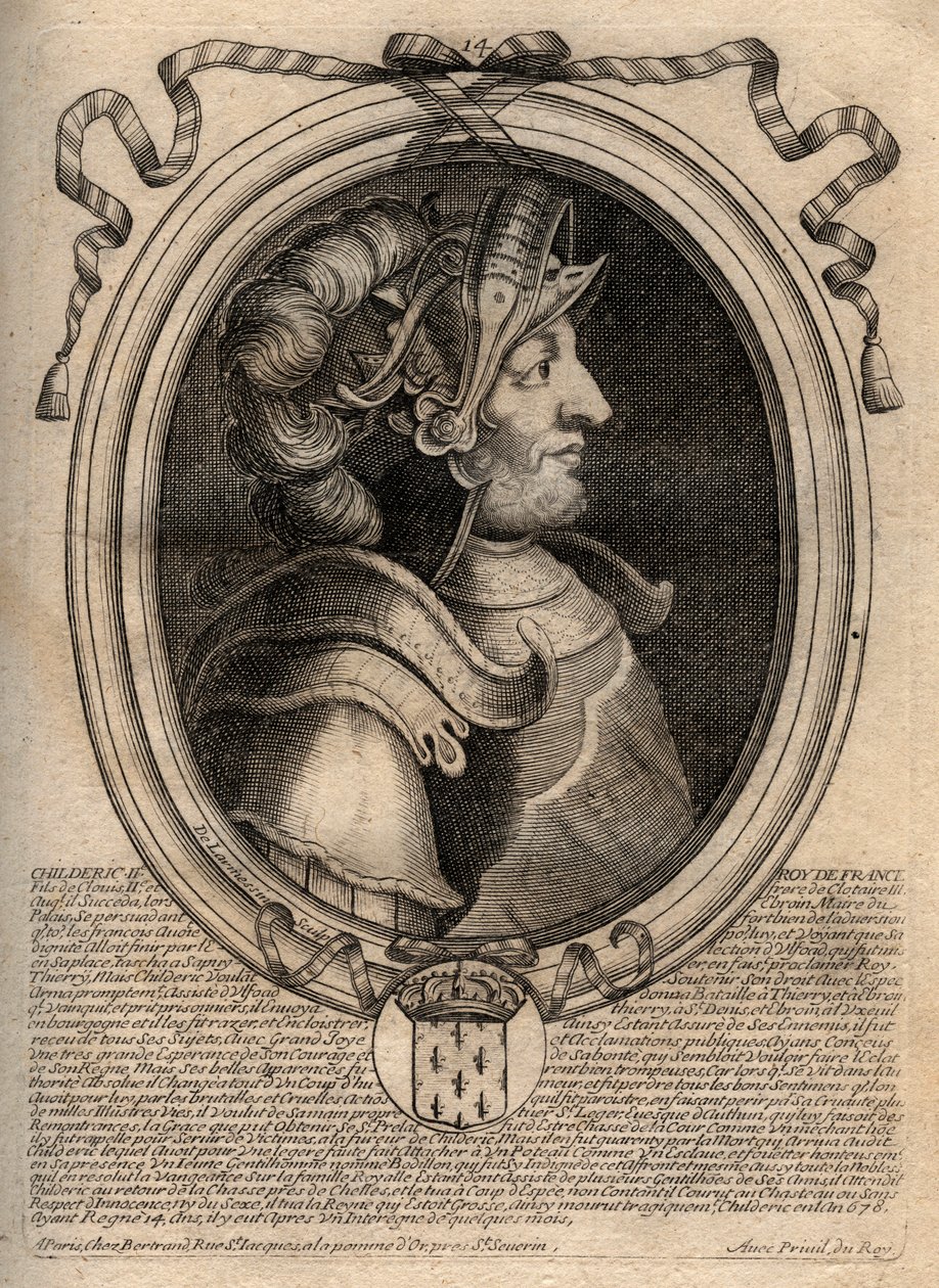 II. Childerik, a frankok királyának portréja 670-től 673-ig - II. CHILDERIC 655-675, Franciaország és Ausztrália merovingjai királya - metszet a „Les Augustes Representations de tous les Kings de France from Pharamond to LouisXIV”, Párizs alkotó: de Larmessin