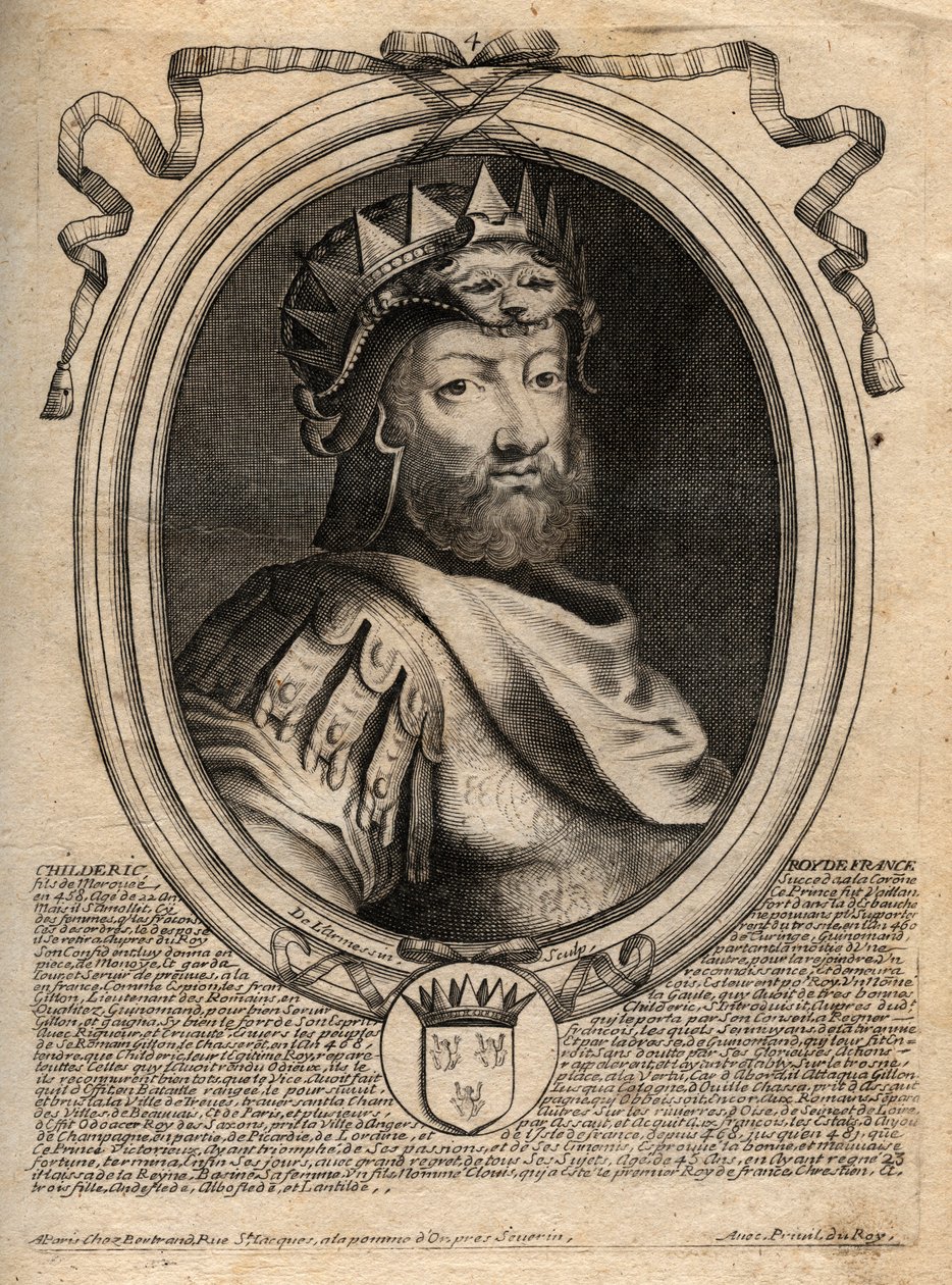 I. Childeric, a szaliánusok frank királyának portréja (436-481) - I. GYERMEK, a szaliánus frankok királya - metszet a „Les Augustes Representations de tous les Kings de France from Pharamond to LouisXIV” című könyvéből, Párizs alkotó: de Larmessin