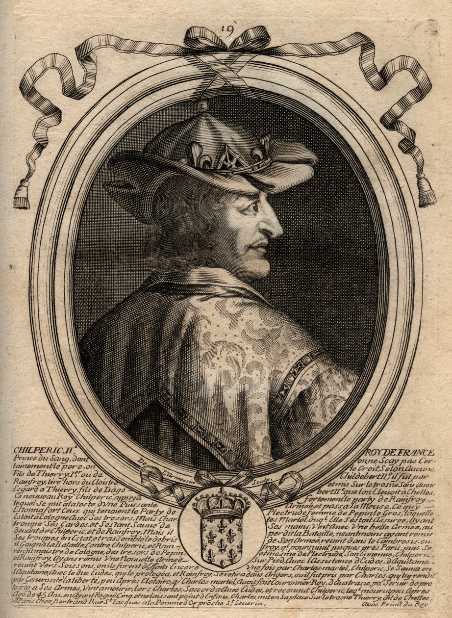 II. Chilperic (kb. 670-721), Neustria királyának – II. CHILPERIK frankok királyának – portréja – metszet a „Les Augustes Representations de tous les Kings de France from Pharamond to LouisXIV” című könyvéből, Párizs alkotó: de Larmessin