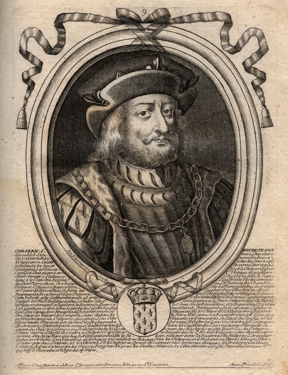 I. Chilperic (539–584), Neustria királyának portréja – I. Chilperic, Meroving francia király – metszet a „Les Augustes Representations de tous les Kings de France from Pharamond to LouisXIV” című könyvéből, Párizs alkotó: de Larmessin