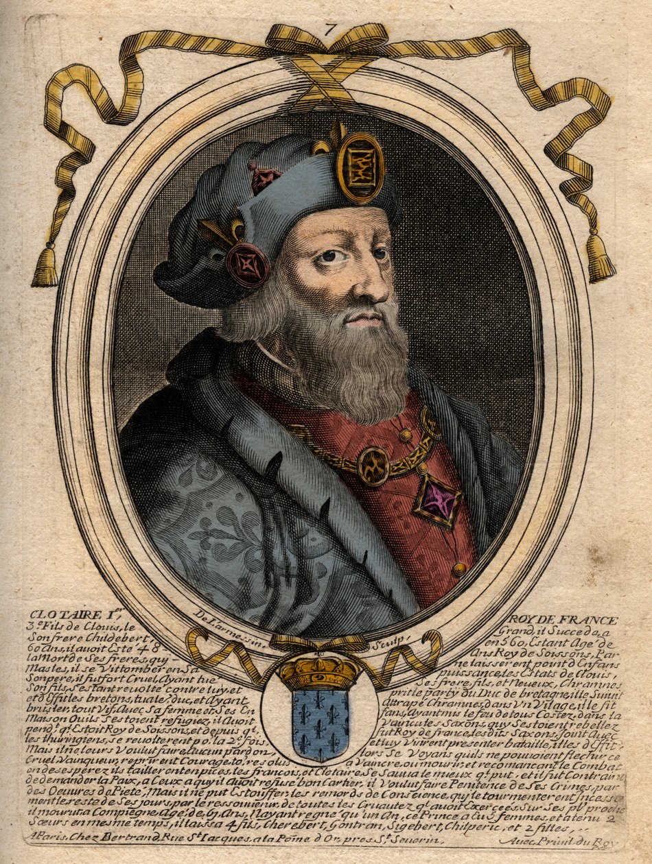 Clotaire (Clothaire) I (497-561), Neustria királyának és a frankok királyának portréja – I. Clothar, a frankok királya – metszet a „Les Augustes Representations de tous les Kings de France from Pharamond to Louis XIV” című könyvéből, Párizs alkotó: de Larmessin