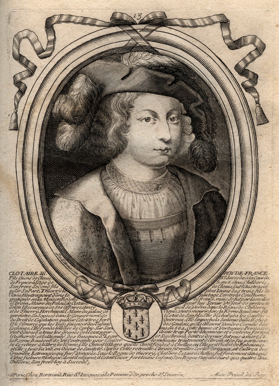 Clothaire III (652-673), Neustria és Burgundia királyának portréja – III. Chlothar vagy III. Clotaire, a frankok királya a Merovingok házából – metszet a 