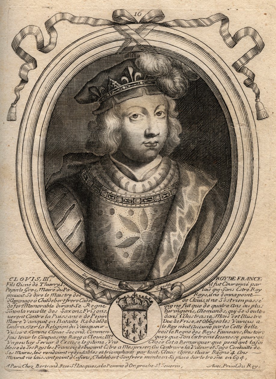 III. Klovisz, a frankok királyának 691-től 695-ig tartó portréja – III. KLOVISZ, Neustria és Ausztrália meroving királya – metszet a „Les Augustes Representations de tous les Kings de France from Pharamond to LouisXIV” című könyvéből, Párizs alkotó: de Larmessin