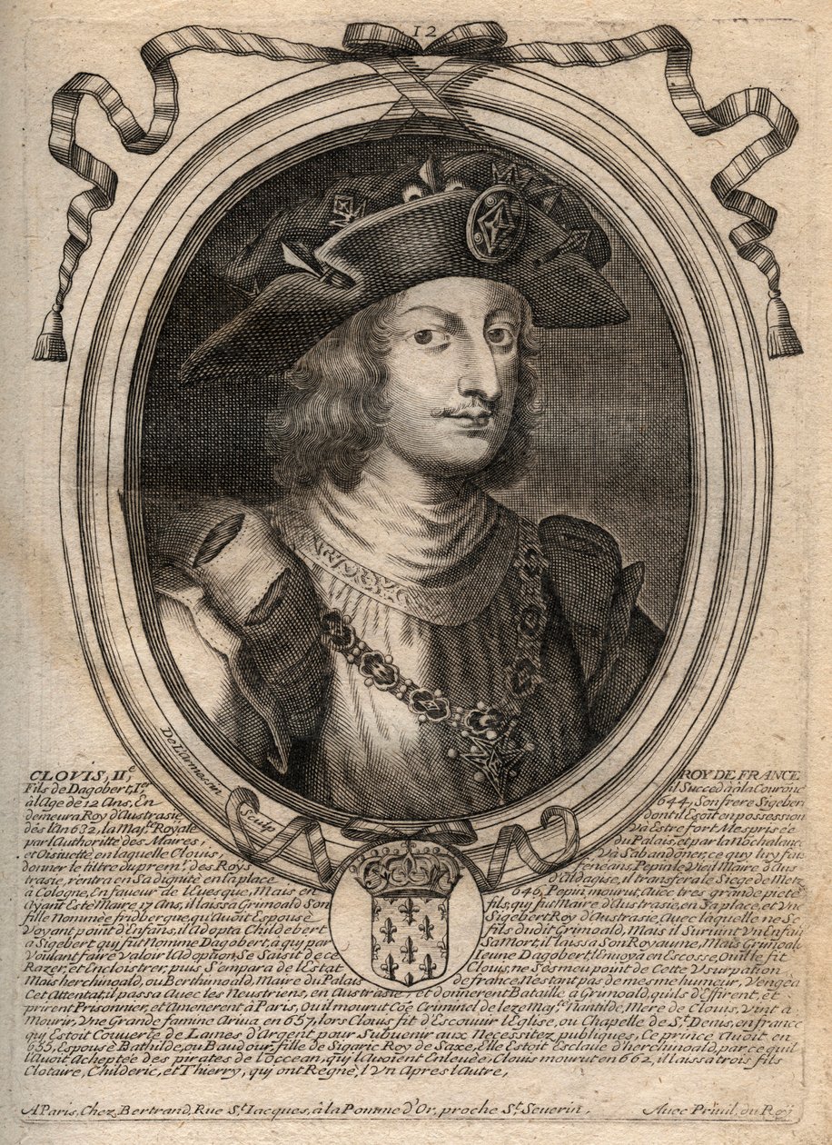 II. Klovisz, a frankok királyának portréja (633-657. vers) - II. Klovisz (634-657 körül), Neustria és Burgundia meroving frank királyának (639-657) - metszet a Les Augustes Representations de tous les Kings könyvéből de France Pharamondtól LouisXIV-ig, Pár alkotó: de Larmessin