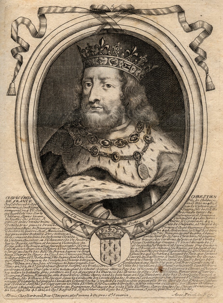 I. Clovis (466-511. vers), a frankok királyának portréja – I. Clovis (466-511), a frankok királyának portréja – metszet a „Les Augustes Representations de tous les Kings de France from Pharamond to LouisXIV” című könyvéből, Párizs alkotó: de Larmessin