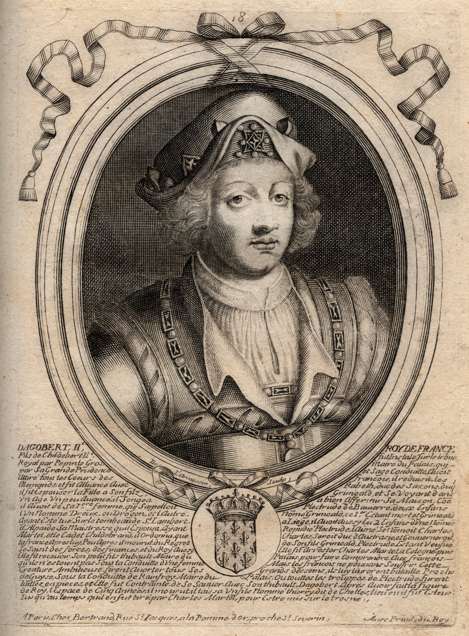 II. Dagobert, a 711a 716. évi frankok királyának portréja – II. Dagobert (676-679), Ausztrália királyának portréja – metszet a „Les Augustes Representations de tous les Kings de France from Pharamond to LouisXIV”, Párizs alkotó: de Larmessin