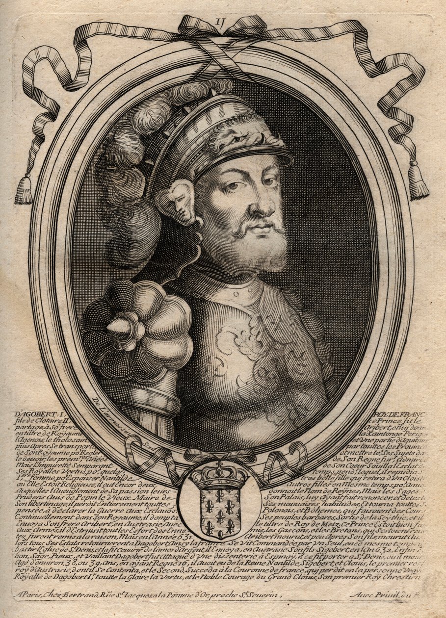 Dagobert, a frankok királyának portréja 628-tól 638-ig - Dagobert (605-39) a frankok királya - metszet a „Les Augustes Representations de tous les Kings de France from Pharamond to LouisXIV”, Párizs alkotó: de Larmessin