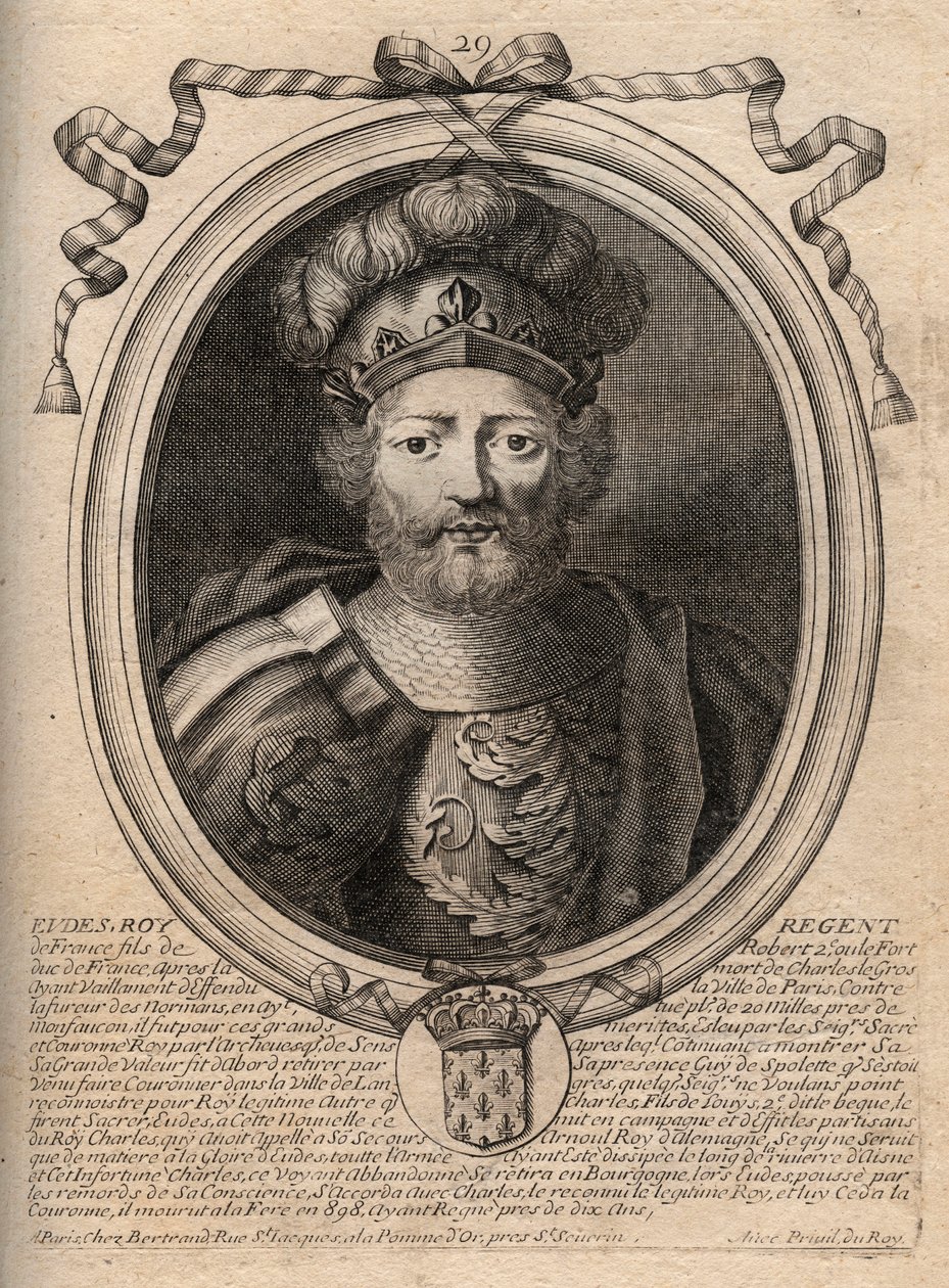 Eudes (Odon) portréja (860 - 898), Párizs és Troyes grófja, majd Franciaország királya – az EUDES Párizs grófja, akit Károly császár letétele után francia trónra választottak – metszet a 