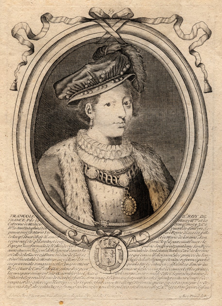 II. Francois (1544-1560) francia király portréja - II. Francois (Francis) (1544-60) - metszet a „Les Augustes Representations de tous les Kings de France from Pharamond to LouisXIV” című könyvéből, Párizs alkotó: de Larmessin