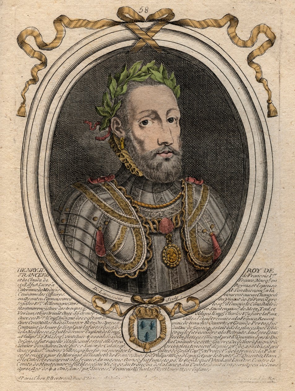 Henrik (1519-1559) francia király portréja – II. Henrik (1519–59), francia király – metszet a „Les Augustes Representations de tous les Kings de France from Pharamond to LouisXIV” című könyvből, Párizs alkotó: de Larmessin
