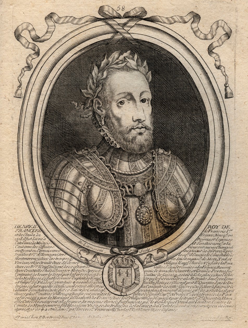Henrik (1519-1559) francia király portréja – II. Henrik (1519-59), francia király – metszet a „Les Augustes Franciaország összes királyának ábrázolásai Pharamondtól XIV. Lajosig” című rajzból, Párizs alkotó: de Larmessin