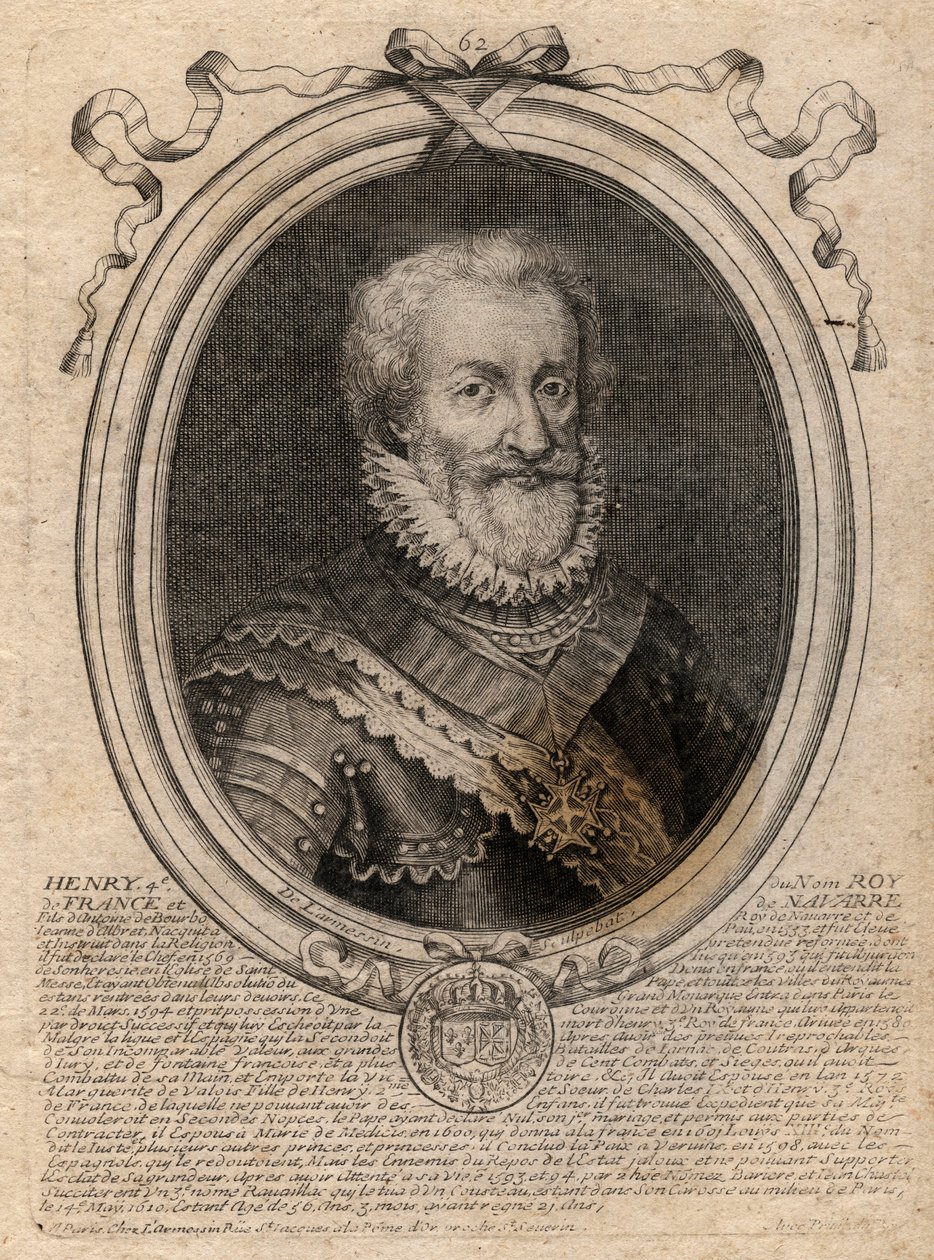 IV. Henrik (1553-1610) francia király portréja – IV. Henrik (1553-1610) francia király portréja – metszet a „Les Augustes Franciaország összes királyának ábrázolásai Pharamondtól XIV. Lajosig” című kötetből, Párizs alkotó: de Larmessin