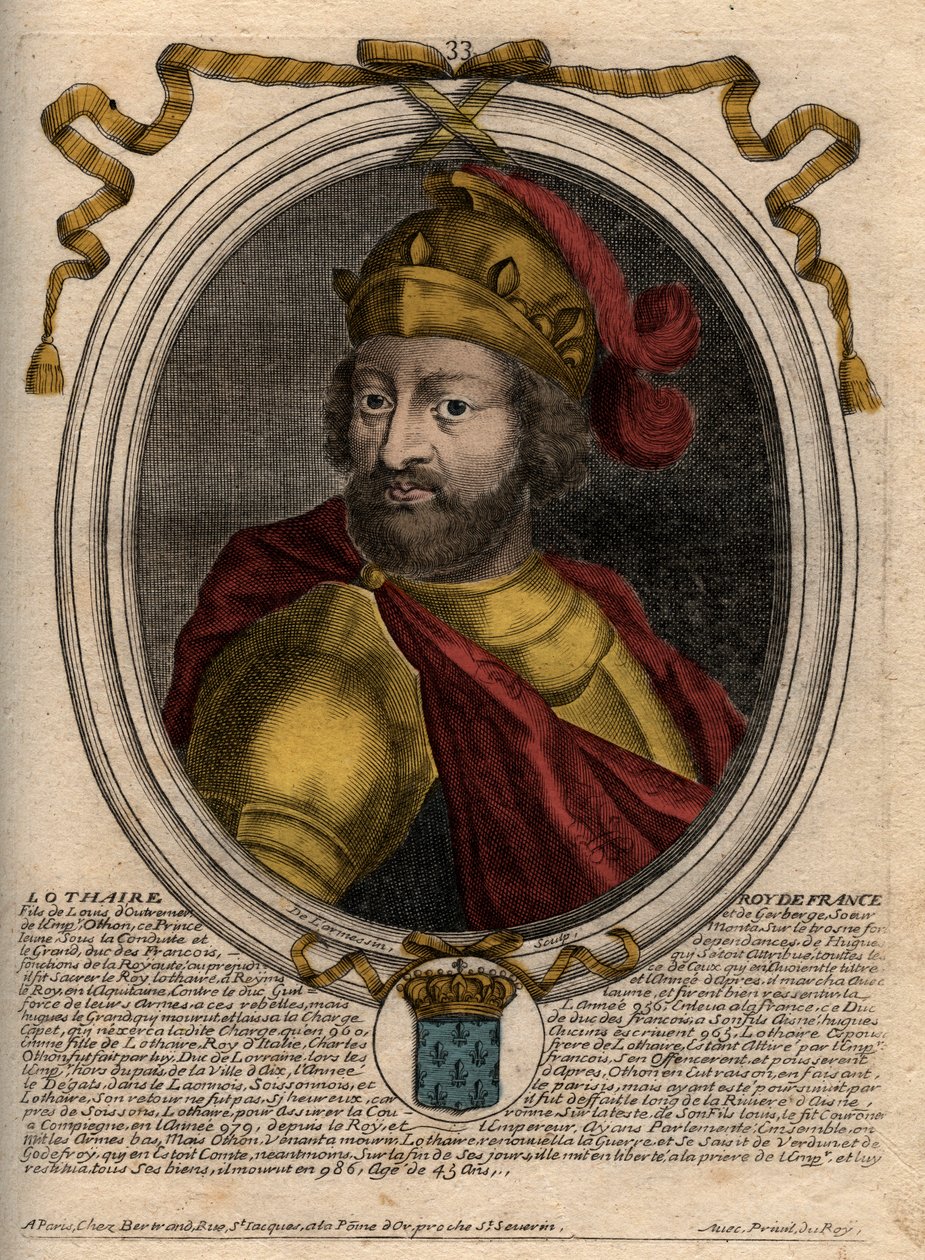 Lothair (941-986), a frankok királyának portréja – Lothair (941-986) francia király – metszet a „Les Augustes Representations de tous les Kings de France from Pharamond to LouisXIV” című könyvből, Párizs alkotó: de Larmessin