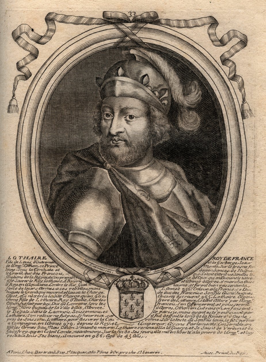 Lothair (941-986), a frankok királyának portréja – Lothair (941-986) francia király – metszet a „Les Augustes Representations de tous les Kings de France from Pharamond to LouisXIV” című könyvéből, Párizs alkotó: de Larmessin