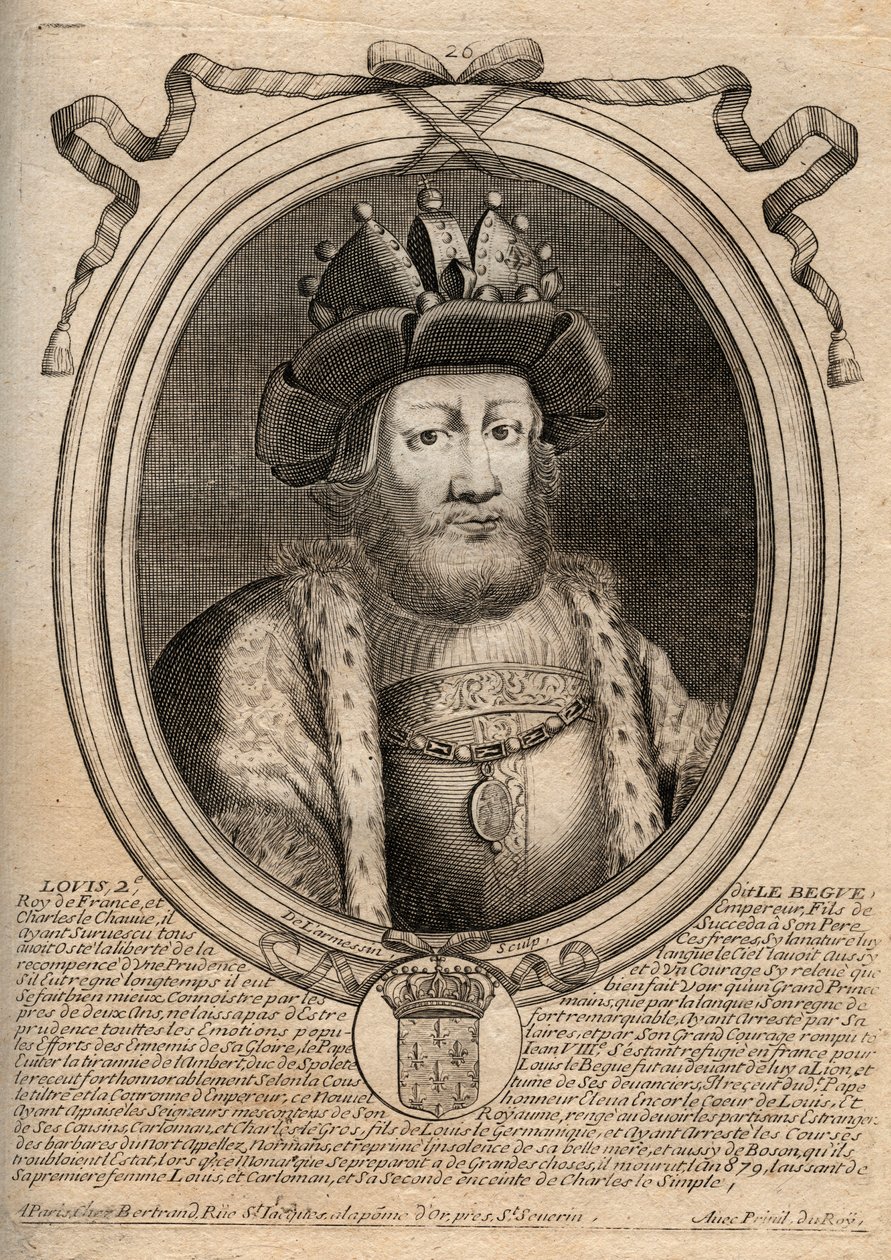 II. Lajos Begue vagy Faineant (846-879), frankkirály portréja – II. Lajos, A dadogó 848-879 – metszet a „Les Augustes Representations de tous les Kings de France from Pharamond to LouisXIV” című könyvből, Párizs alkotó: de Larmessin