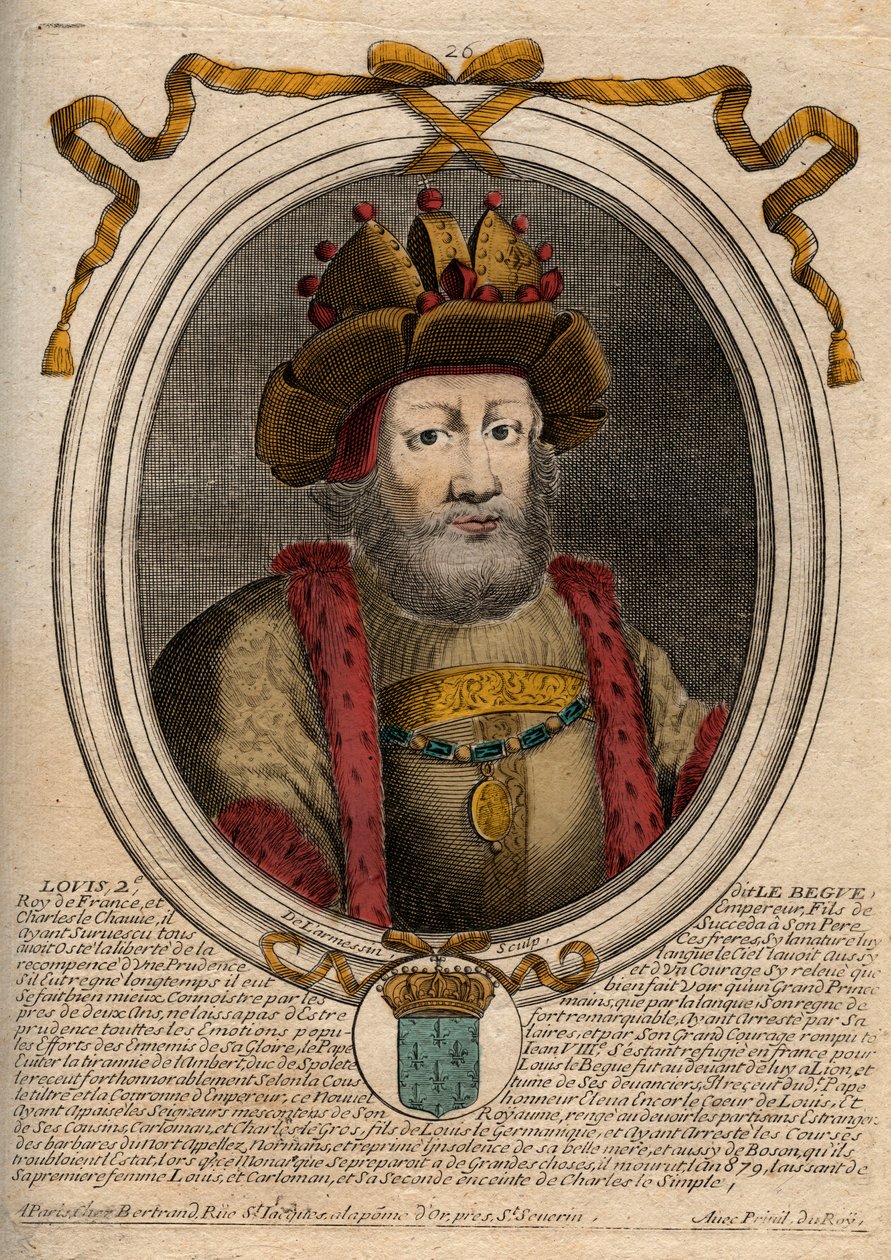 II. Lajos Bége vagy Faineant (846-879), a frankok királyának portréja – II. Lajos, a dadogó 848-879 – metszet a „Les Augustes Representations de tous les Kings de France from Pharamond to Louis XIV” című könyvéből, Párizs alkotó: de Larmessin