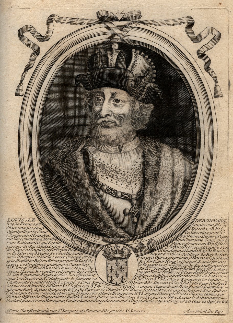 I. Lajos jámbor (778-840), francia király portréja – I. Lajos „Jámbor” (778-840) római római császár – metszet a „Les Augustes Representations de tous les Kings de France from Pharamond to LouisXIV” című könyvéből, Párizs alkotó: de Larmessin