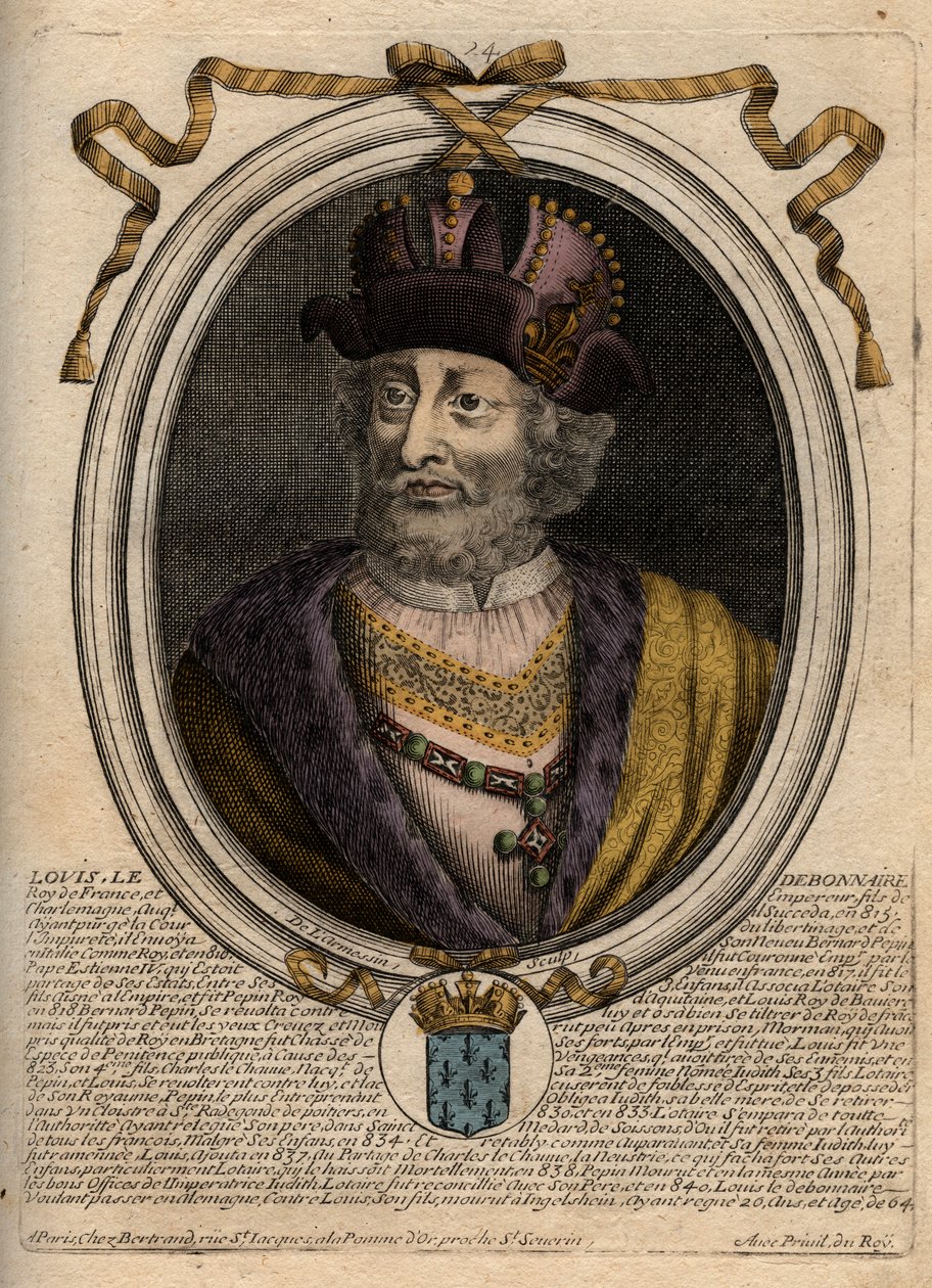 I. Lajos jámbor vagy „” debonnaire” (778-840), francia király portréja – I. Lajos „Jámbor” (778-840) Franciaország királya, Szent-római császár – metszet a „Les Augustes Representations de tous les” könyvéből Kings de France Pharamondtól LouisXIV-ig, Páriz alkotó: de Larmessin