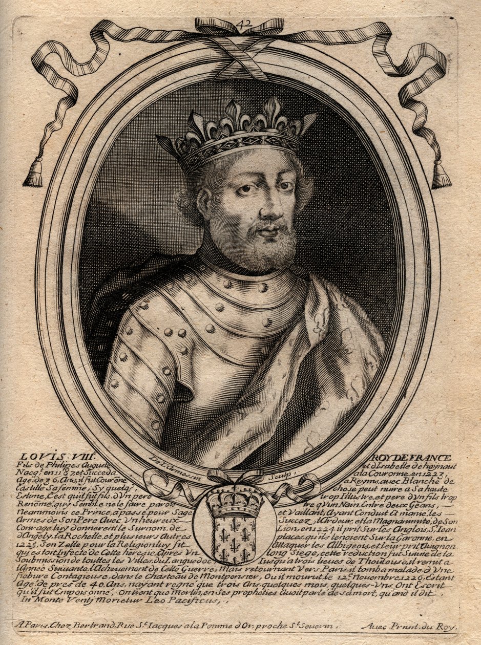 Lajos (1187-1226), francia király portréja – VIII. Lajos (1187-1226) francia király – metszet a „Les Augustes Franciaország összes királyának ábrázolásai Pharamondtól XIV. Lajosig” című rajzból, Párizs alkotó: de Larmessin