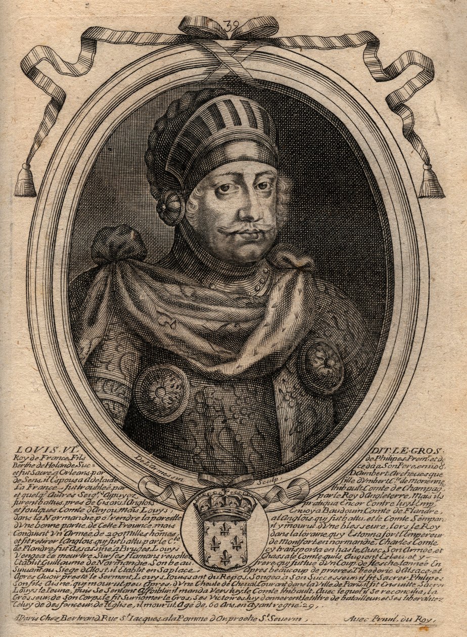 VI. Lajos portréja, a kövér – metszet a „Les Augustes Representations de tous les Kings de France from Pharamond to LouisXIV” című művéből, Párizs alkotó: de Larmessin