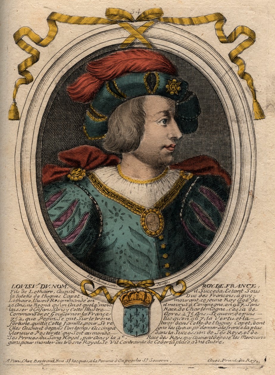 V. Lajos, indolens (967-987), francia király portréja – V. Indolens Lajos (967-987) metszet a „Les Augustes Representations de tous les Kings de France from Pharamond to LouisXIV”, Párizs alkotó: de Larmessin