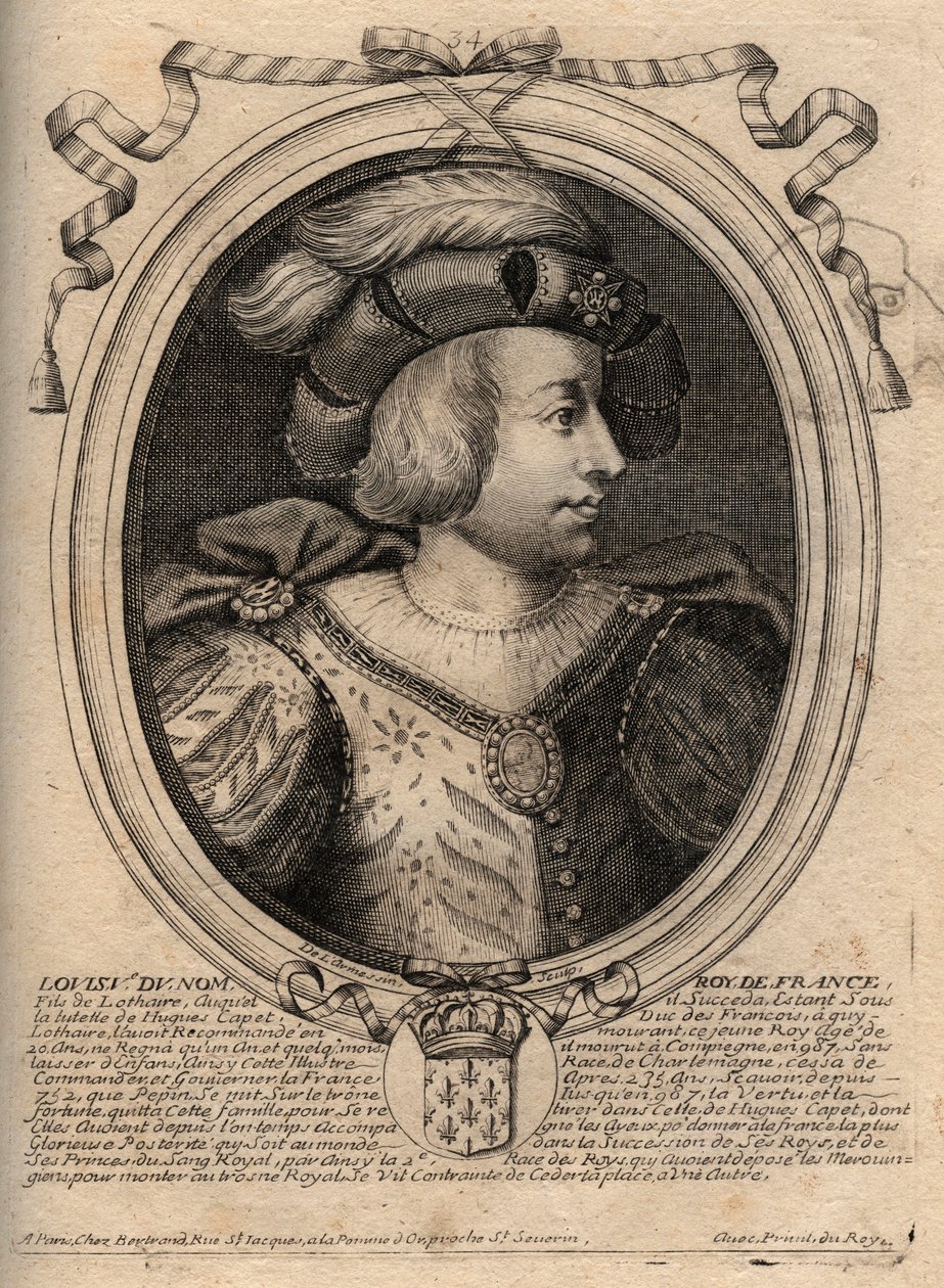 V. Lajos, a faineant (967-987), francia király portréja – V. Lajos, indolens (967-987) metszet a „Les Augustes Representations de tous les Kings de France from Pharamond to LouisXIV” című könyvből, Párizs alkotó: de Larmessin