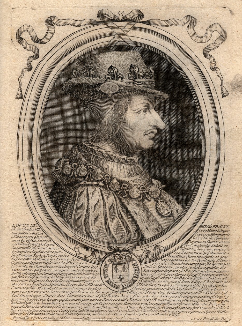 XI. Lajos (1423-1483), francia király portréja – XI. Lajos francia (1423-1483), francia király portréja – metszet a „Les Augustes Representations de tous les Kings de France from Pharamond to LouisXIV” című könyvből, Párizs alkotó: de Larmessin
