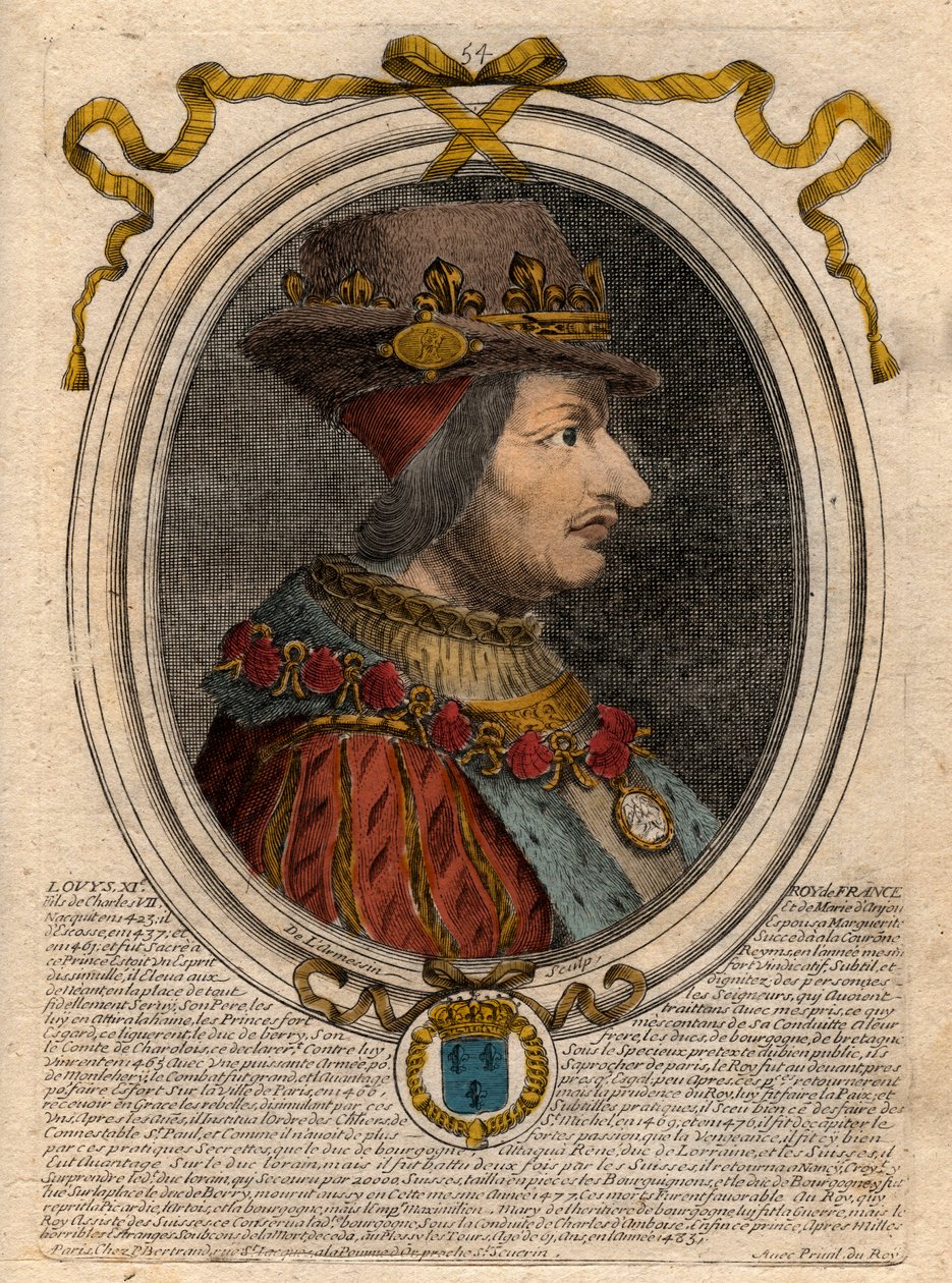 XI. Lajos (1423-1483), francia király portréja – XI. Lajos francia (1423-1483), francia király portréja – metszet a „Les Augustes Representations de tous les Kings de France from Pharamond to LouisXIV” című könyvből, Párizs alkotó: de Larmessin