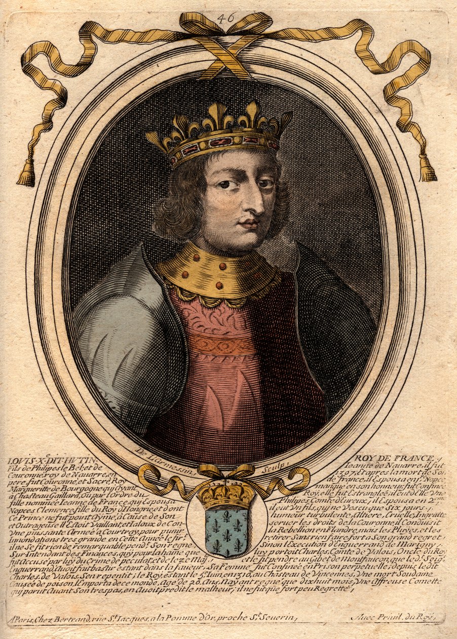 X. Lajos hutin (1289-1316), francia király – X. Lajos (1289-1316) Makacs, Franciaország és Navarra királyának – portréja a „Les Augustes Representations de tous les Kings de France from Pharamond to LouisXIV” című metszetből, Párizs alkotó: de Larmessin