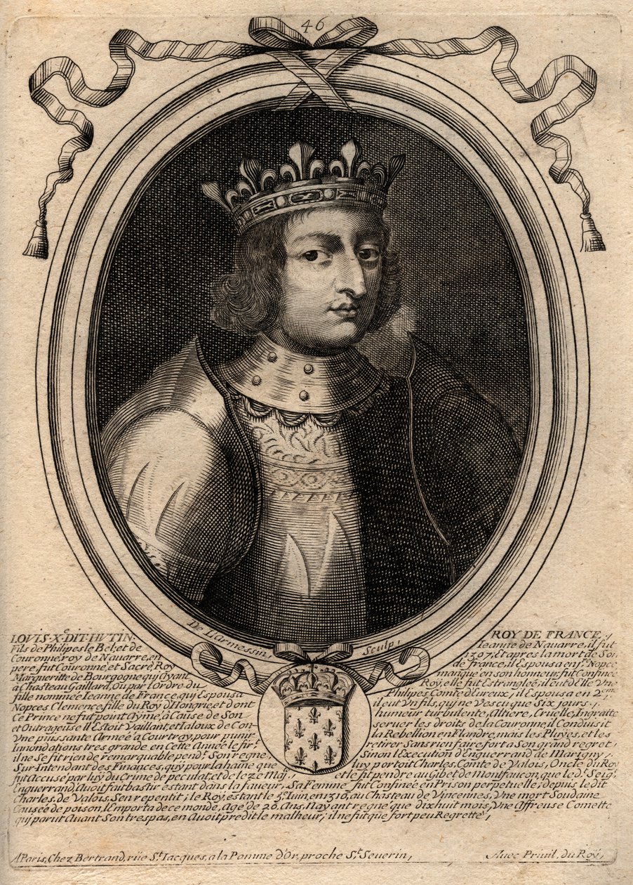 X. Lajos hutin (1289-1316), francia király – X. Lajos (1289-1316) Makacs, Franciaország és Navarra királyának – portréja a „Les Augustes Representations de tous les Kings de France from Pharamond to LouisXIV” című metszetből, Párizs alkotó: de Larmessin