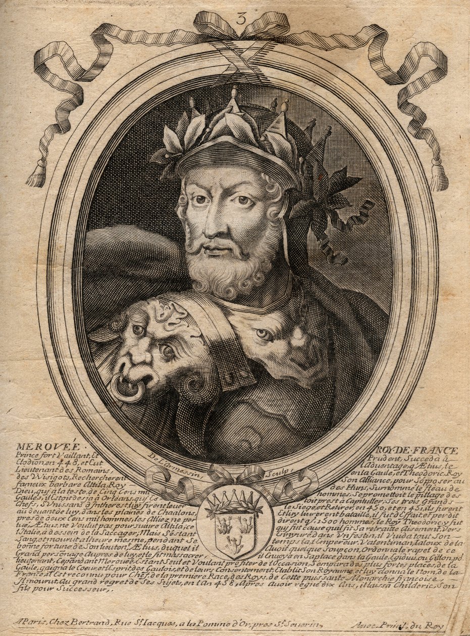 Merovee vagy Merovech Roi franc portréja (458. sz.) A meroving faj 1. királya - Merovech (Meroveus) portréja (ur. 456) A szaliai frankok királyának portréja - metszet a 