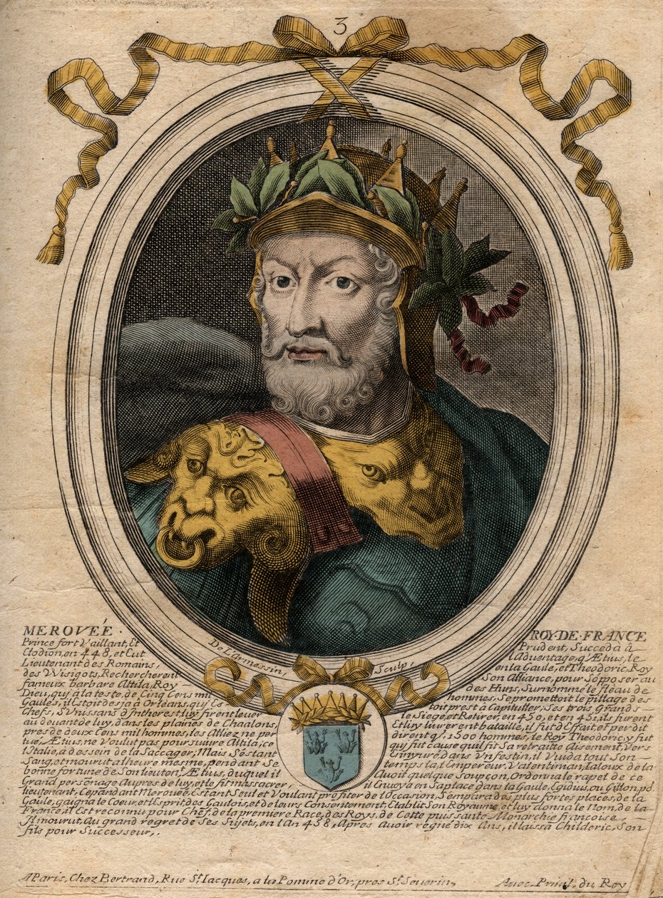 Merovee vagy Merovech, frankkirály (v448-v458), a meroving faj első királyának portréja - Merovech (Meroveus) portréja (d456) a szaliai frankok királyának portréja - metszet a 