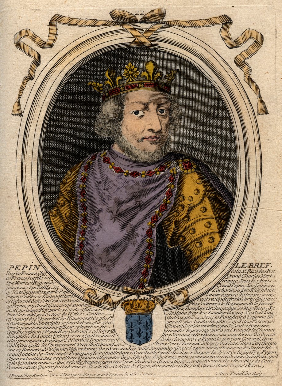 Pepin III dit Pepin le Brief (714-768) francia király portréja – III. Pepin (714-768) (Pepin, a rövid) frankok királya – metszet a Les Augustes Representations de tous les Kings de France könyvéből Pharamondtól XIV. Lajosig 