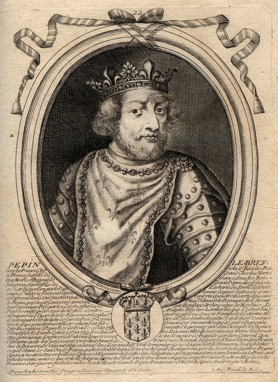 Pepin III dit Pepin le Brief (714-768) francia király portréja - III. Pepin (714-68) (Pepin, rövid) Frank királya - metszet a 