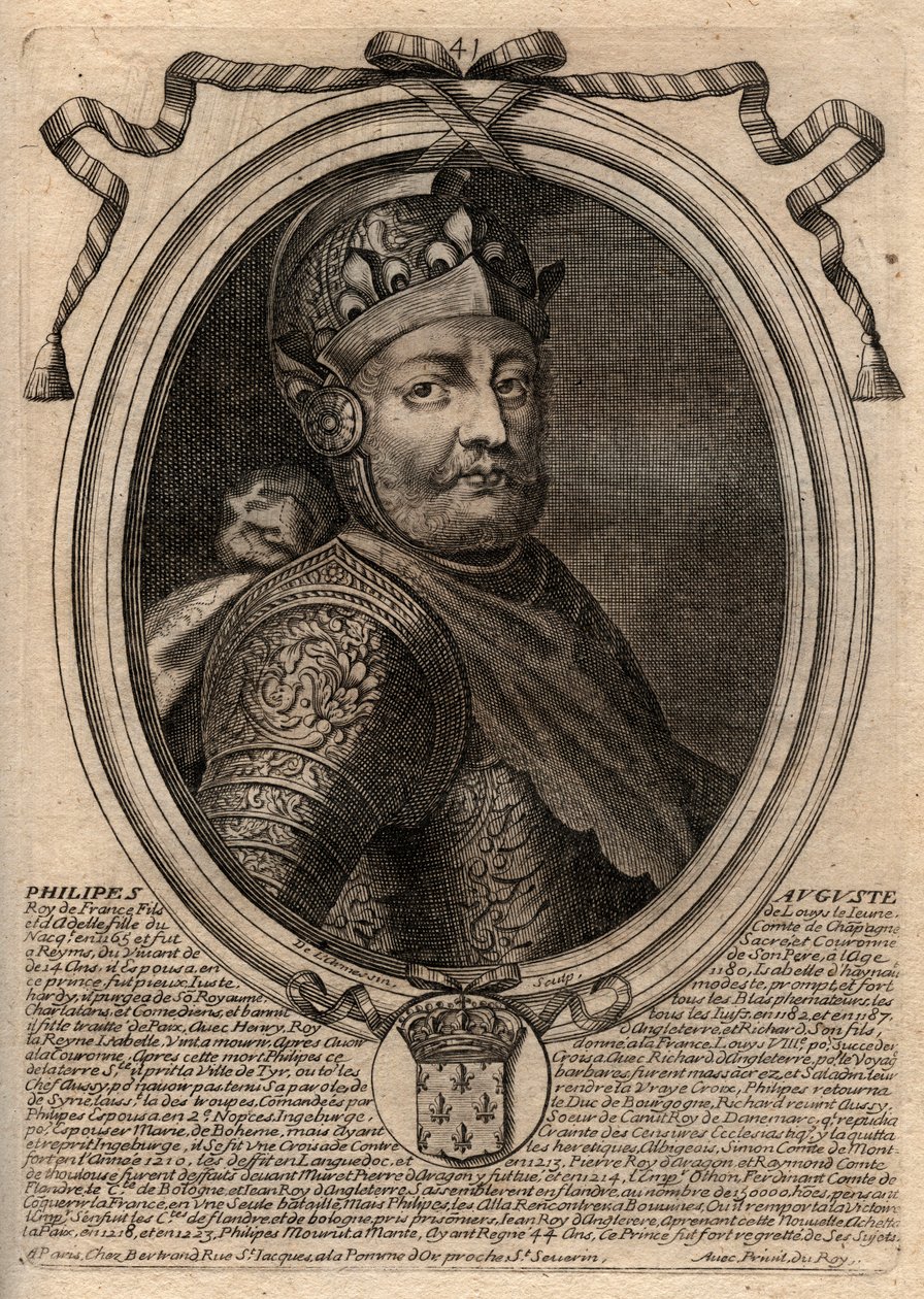 II. Fülöp dit Philippe Auguste (1165-1223) portréja – II. Fülöp Augustus (1165-1223) francia király – metszet a „Les Augustes Representations de tous les Kings de France from Pharamond to LouisXIV” című könyvéből, Párizs alkotó: de Larmessin