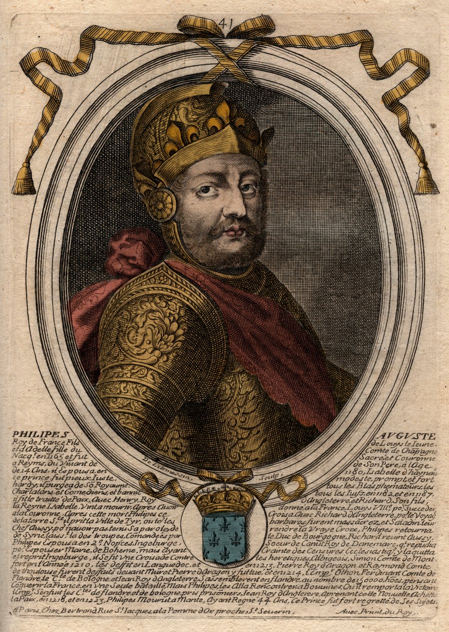 II. Fülöp dit Philippe Auguste (1165-1223) portréja – II. Fülöp Augustus (1165-1223) francia király – metszet a „Les Augustes Representations de tous les Kings de France from Pharamond to LouisXIV” című könyvéből, Párizs alkotó: de Larmessin