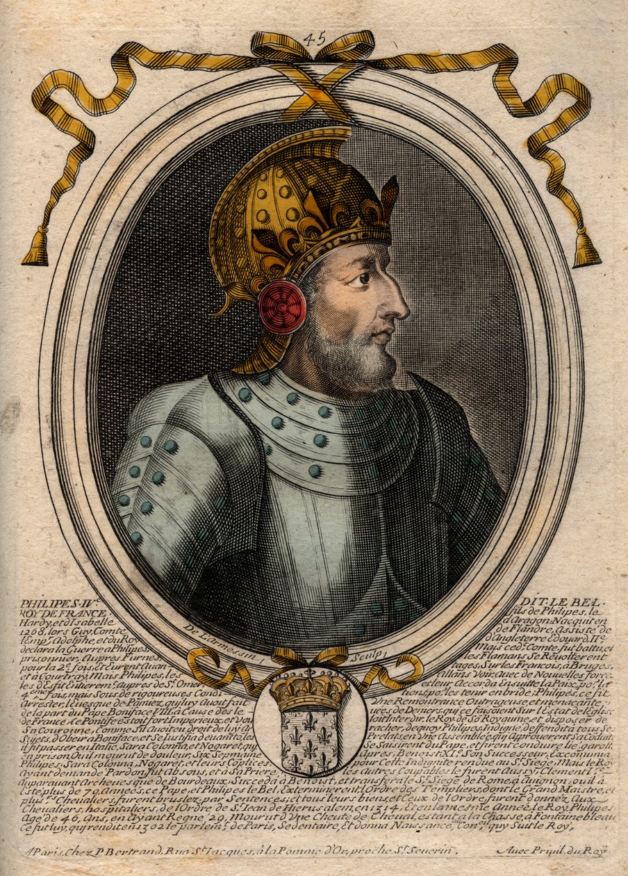 IV. Bél Fülöp (1268-1314), francia király portréja – IV. Szép Fülöp (1268-1314) francia király – metszet a „Les Augustes Representations de tous les Kings de France from Pharamond to LouisXIV” című könyvből, Párizs alkotó: de Larmessin