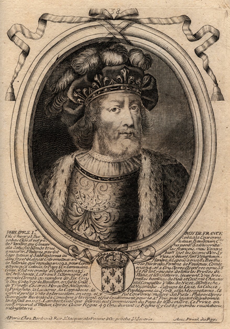I. Fülöp (1060–1108), francia király portréja – I. Fülöp (1053–1108) francia király – metszet a „Les Augustes Franciaország összes királyának ábrázolásai Pharamondtól XIV. Lajosig” című könyvből, Párizs alkotó: de Larmessin