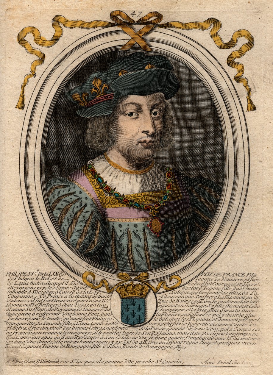 Hosszú V. Fülöp (1294-1322), francia király portréja – V. Fülöp (1294-1322) „A magas” – metszet a „Les Augustes Franciaország összes királyának ábrázolásai Pharamondtól XIV. Lajosig” című kötetből, Párizs alkotó: de Larmessin