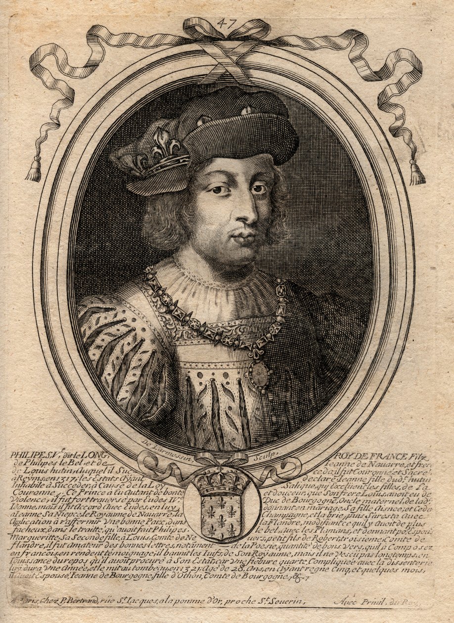 V. Hosszú Fülöp (1294-1322), francia király portréja – V. Fülöp (1294-1322) „A Magas” – metszet a „Les Augustes Franciaország összes királyának ábrázolásai Pharamondtól XIV. Lajosig” című kötetből, Párizs alkotó: de Larmessin