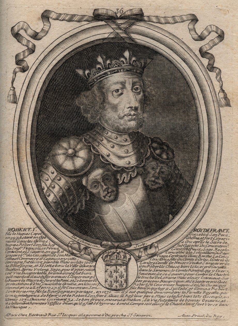 Jámbor Róbert (kb. 972-1031), francia király portréja – II. Róbert király, jámbornak nevezett – metszet a „Les Augustes Representations de tous les Kings de France from Pharamond to Louis XIV” című könyvéből, Párizs alkotó: de Larmessin