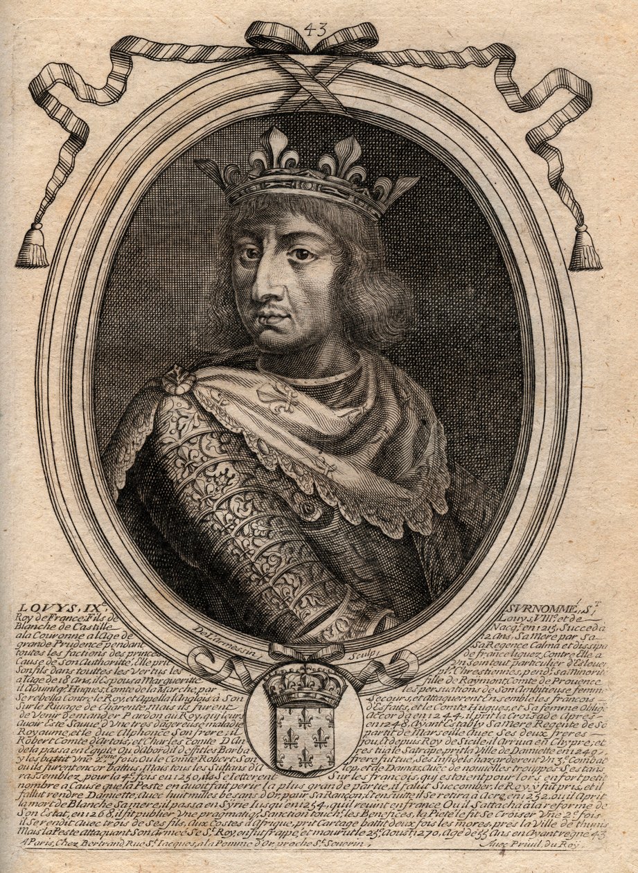 Szent Lajos portréja (Saint-Louis, IX. Lajos (1214-1270) – IX. Szent Lajos (1214-70) francia király – metszet a „Les Augustes: Franciaország összes királyának ábrázolása Pharamondtól XIV. Lajosig” című rajzból, Párizs alkotó: de Larmessin
